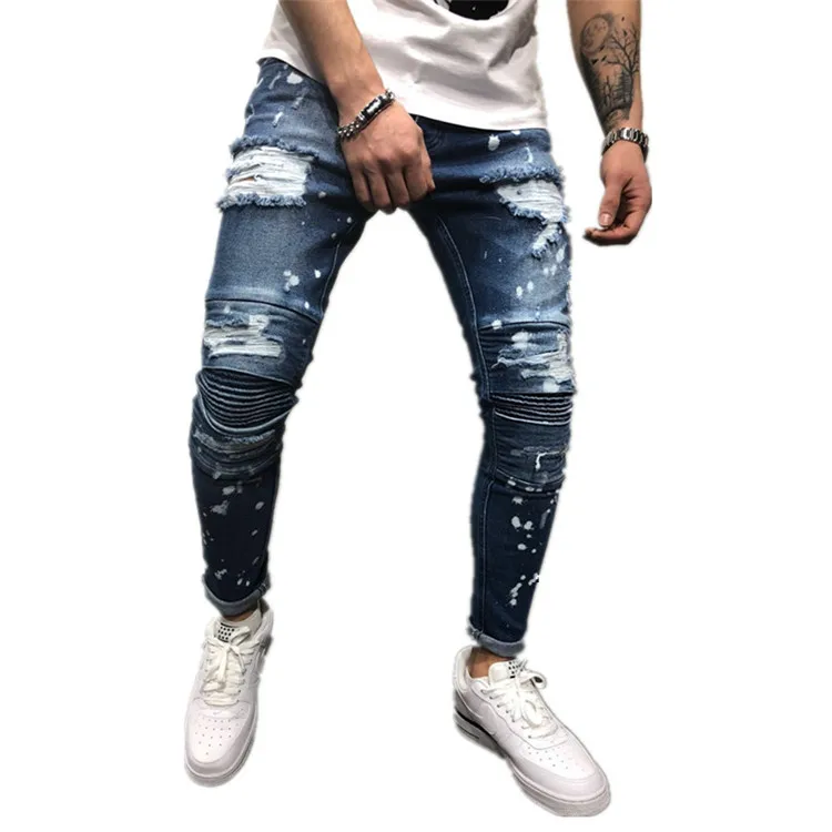 High quality custom casual destoryed ripped distressed mans denim jeans biker jeans