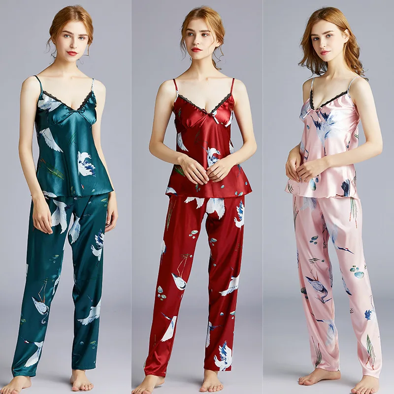 

FZ-107 Women Summer Thin Homewear Nightwear Crane Birds Suspenders Skirt Trousers Two-Piece Suit Female Silky Pajamas Nightgown