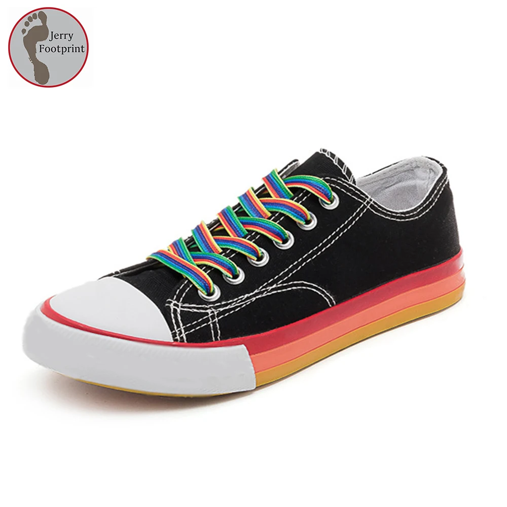 

2022 New Casual All-match Rainbow Sole and Shoelace Flat Lace Up Canvas Shoes, Yellow/black/white
