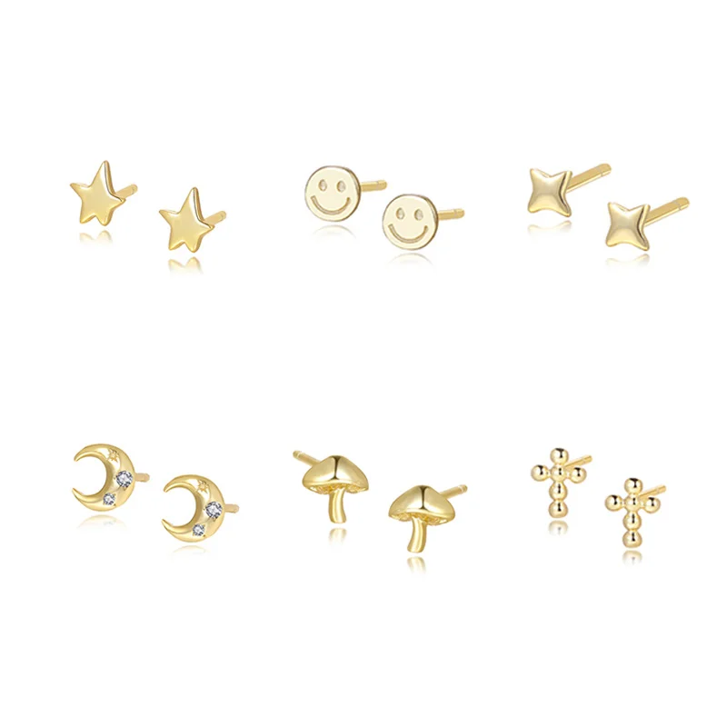 

Funny cute 925 sterling silver smile earrings 18k gold moon mini earrings set star small stud earrings for women