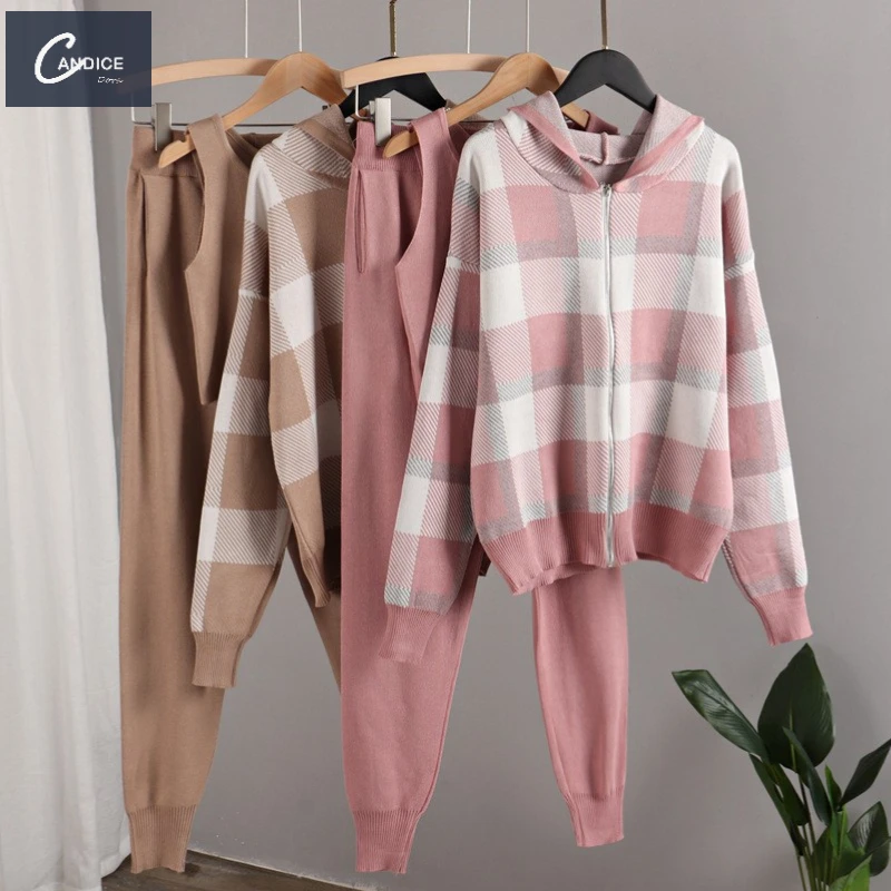 

Candice 2021 elegant sweater winter suit long sleeve cardigan 3 pieces lounge wear women's pants sets
