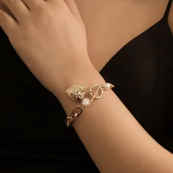 New Inlaid Pearl Hollow Cross Chain Bracelet Simple Gold Plated OT Clasp Link Chain Peach Heart Charm Bracelets For Women