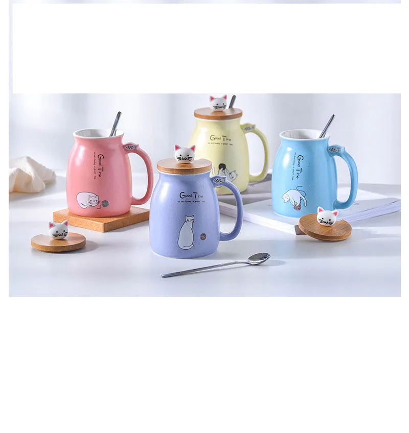 

380ml Cute Ceramic Coffee Cup Cartoon cat mug, Pink yellow blue purple