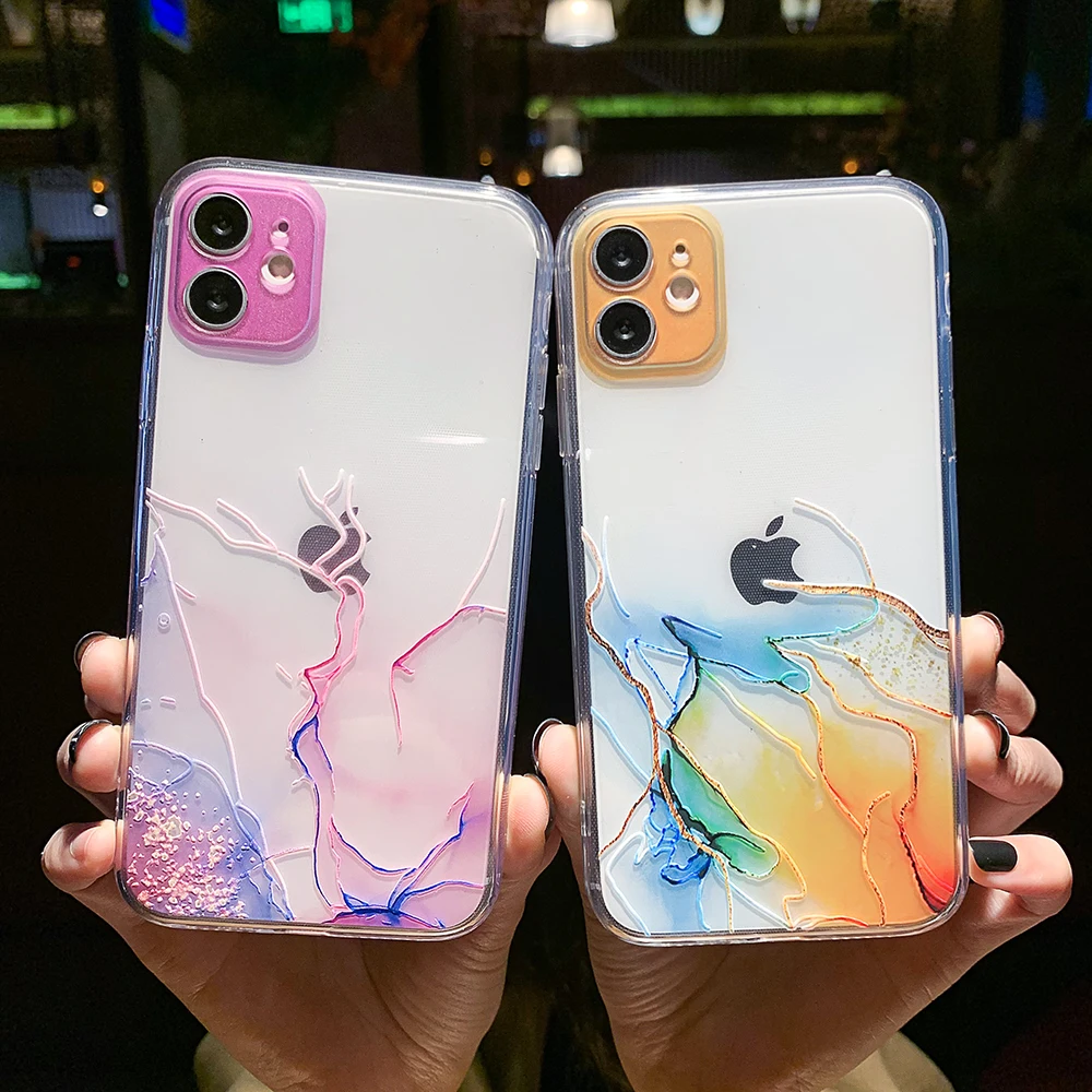 

ins Vintage Colorful Marble Laser Phone Case art painting camera protection watercolor phone case for iphone 11 12 pro max