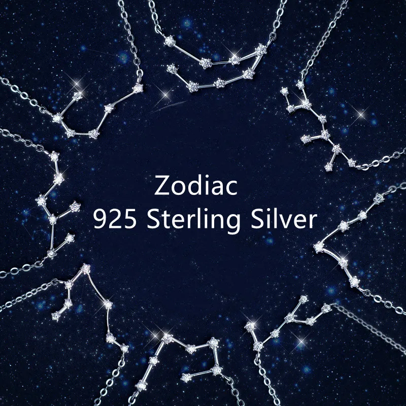 

925 Sterling Silver Clavicle Chain Choker Necklace Jewelry Women Diamond Constellation Zodiac Sign Necklaces