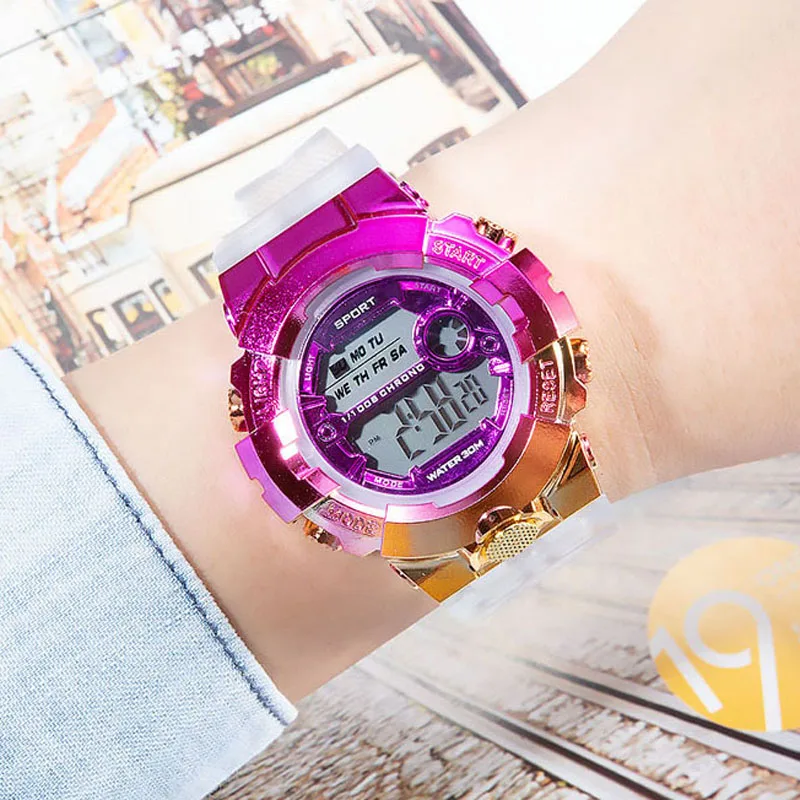 

2021 NEW colors gold plated multifunctional chronograph digital wristwatch student LCD Sport cheaper watch