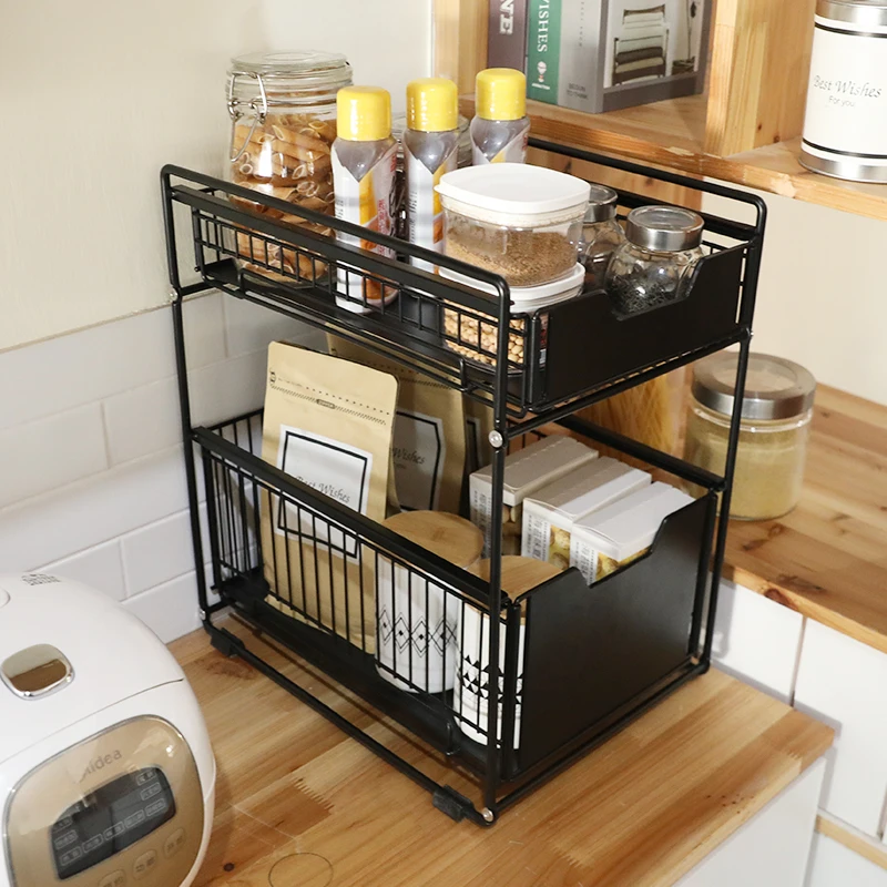 

2-Tier bathroom kitchen metal sliding pull out under sink organizer cabinet storage shelf rack, Black