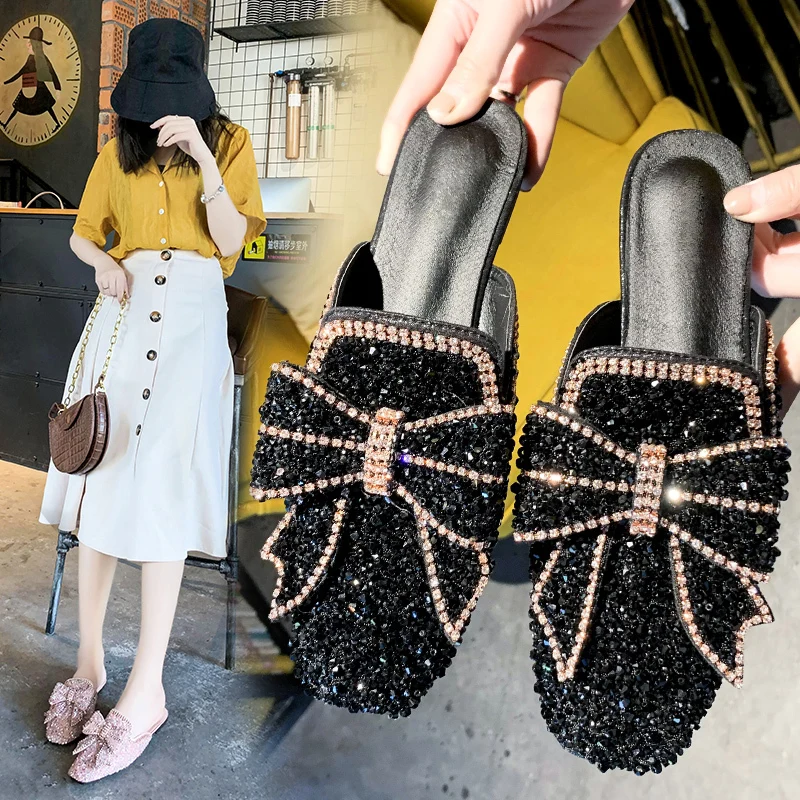 

Lady luxury crystal bow Half shoes women slippers 3505, Pink,black