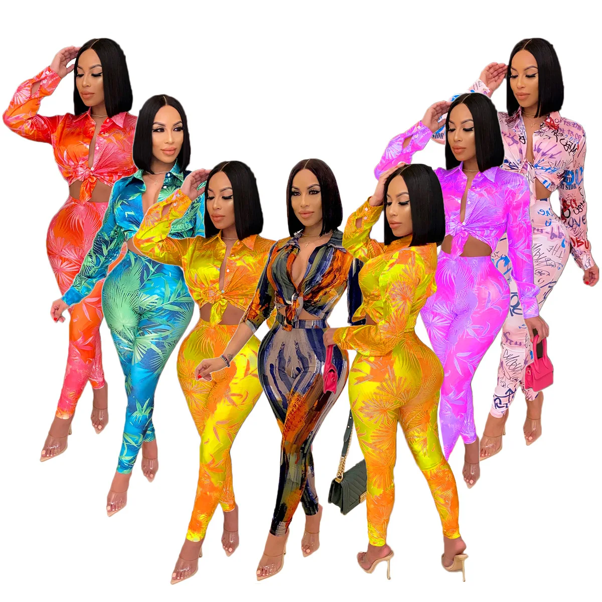 

Ladies multi color casual wear satin long sleeve printed tie dye blouse and pants sets womens clothing two piece fashion outfits, Mix color or custom colors