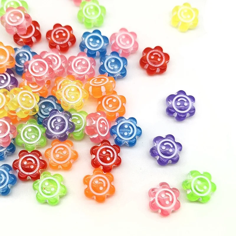 

100 Pcs Cartoon Transparent Color Sunflower Smiley Face Acrylic Loose Beads for DIY Jewelry Making, Mixed