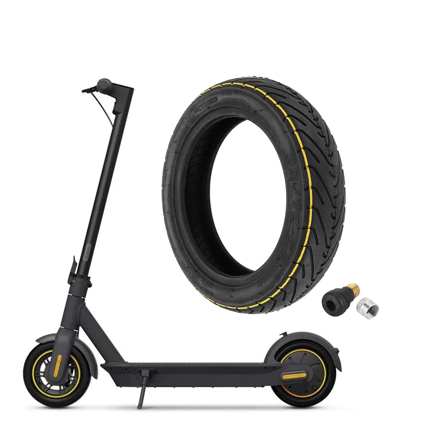 

Yuanxing 60/70-6.5 Yellow Strip Tubeless Tire With Valve Anti-slip for Segway Ninebot G30 Max 10 Inch Front and Rear Wheel Part, Black