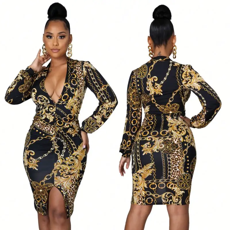 

casual V-neck long sleeve printed dress fashion fall dresses for women