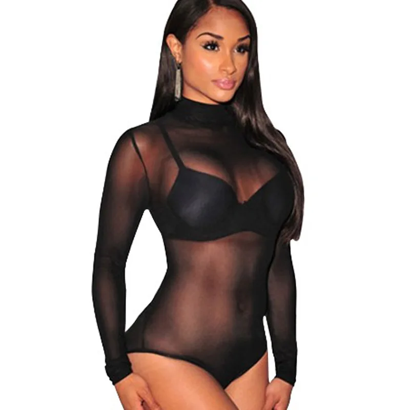 

PDEP fashion designer long sleeve mesh one piece set jumpsuit women lingerie sexy transparent adult underwear, White,black,beige