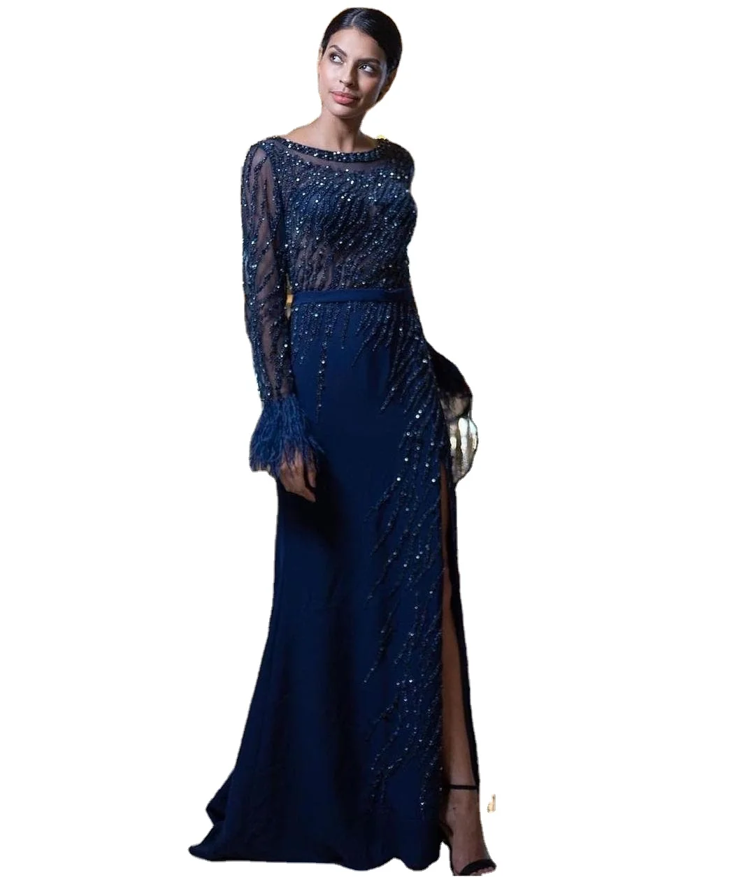 

Navy Blue Round Neck Long Sleeves Beaded Evening Dresses 2021 Serene Hill LA70978 Women Mermaid Party Gowns With Feathers