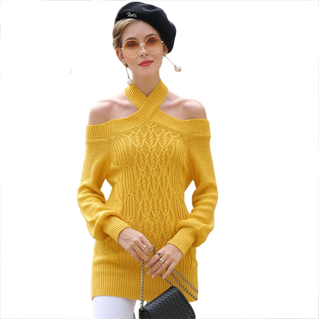 

Wholesale Spring Europe Ladies Halter Neck Knitwear Solid Long Sleeve Jumper Women Knitted Cheap Sweater, Customized color