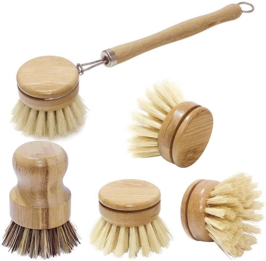 

Natural Sisal Bristles Pan Pot Bottle Vegetables Kitchen Cleaning Scrubbers Set Eco Friendly Bamboo Dish Scrub Brushes