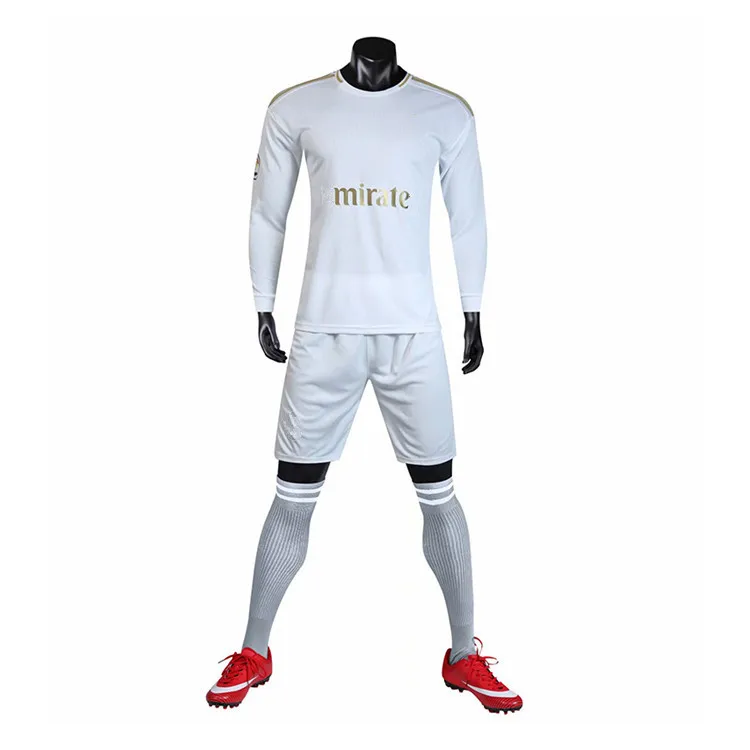 

2021 New European Madrid Club Quick Dry Soccer Uniform T-shirt Set White Blue Long Sleeve Original Football Jersey Tracksuit Kit, Custom color