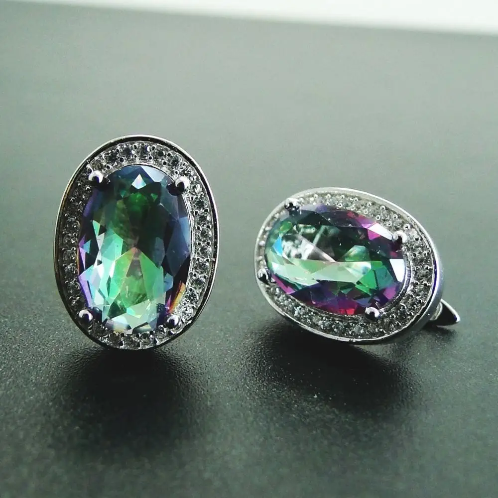 

Solid 925 Silver Oval Multi-color Rainbow Mystic Fire Topaz Stud Earrings With Cubic Zirconia Silver Topaz Jewelry