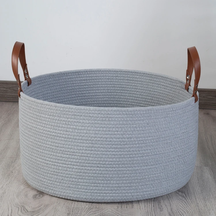 Durable Round Storage Cotton Rope Basket With Leather Handle