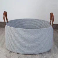 

Durable Round Storage Cotton Rope Basket With Leather Handle