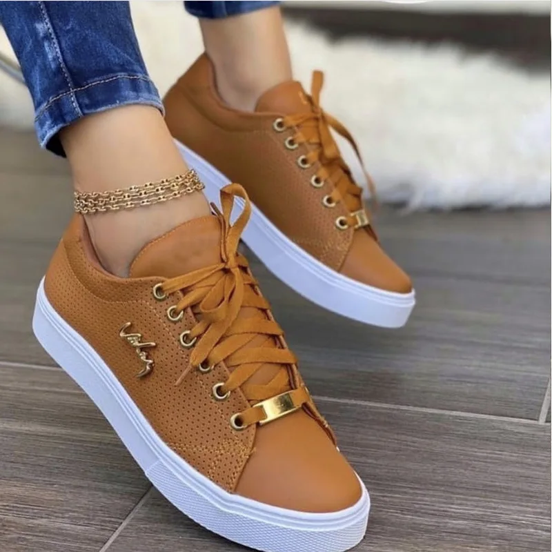 

2023 Large size women's shoes lace-up casual sneakers white flat heels solid color shoes