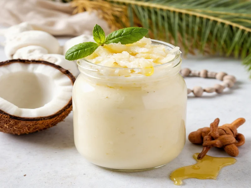 Homemade conditioner in glass jar with coconut and honey