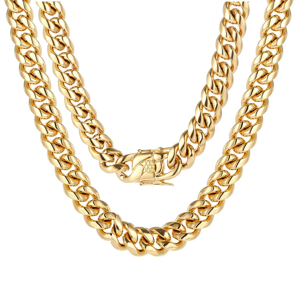 

Hip Hop Chain Stainless Steel Jewelry 18k Gold Necklace Cuban Link Gold Plated Jewelry, Silver/gold