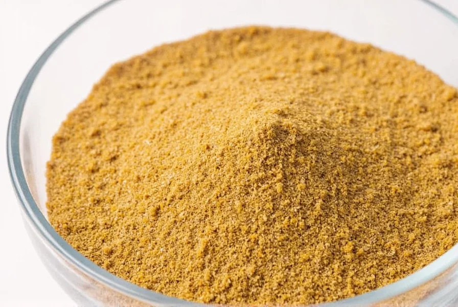 Various spice substitutes arranged neatly on wooden table including mustard seeds, fennel seeds, dried mint, and curry powder