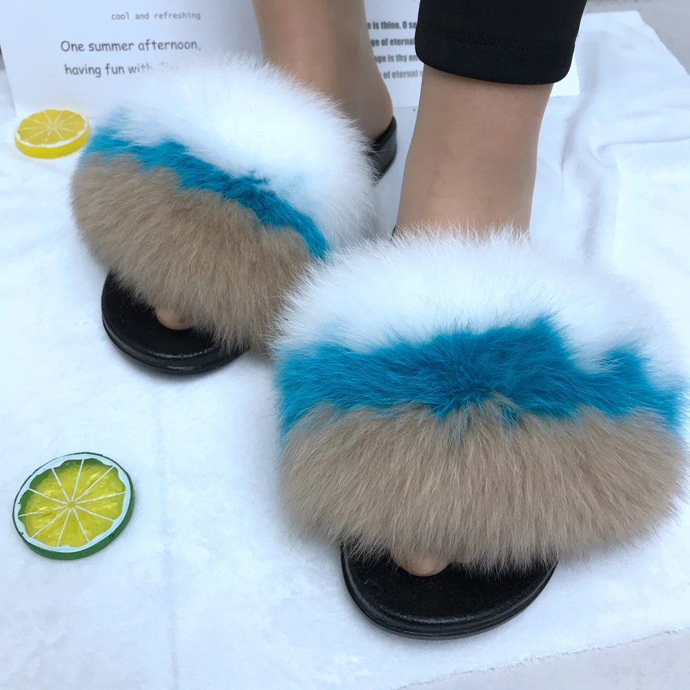 

2021 New design luxury real fox fur slides open toe for girls dropshiping offered, Customized color