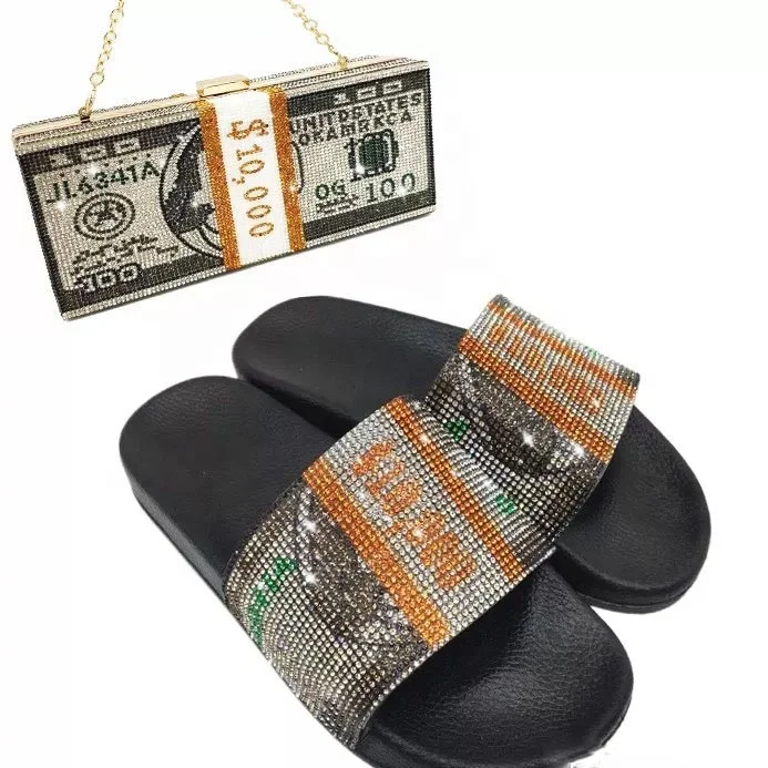 

Diamond Dollar Slides With Match Rhinestone Clutch For Women Diamond Money Bag And Slippers Set Clutch Purse And Slides