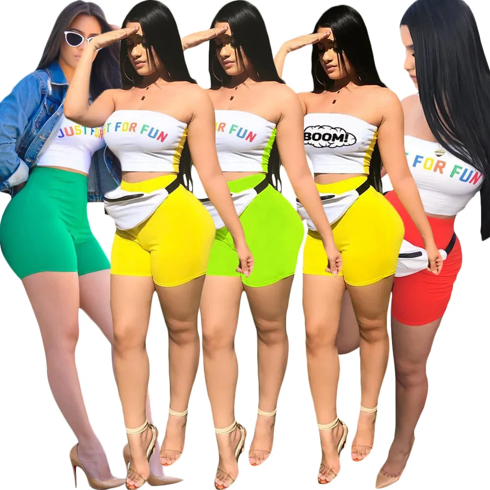 

Women Clothing apparel FM-S3348 Two Piece Pants set sexy wrapped chest candy color sportswear shorts