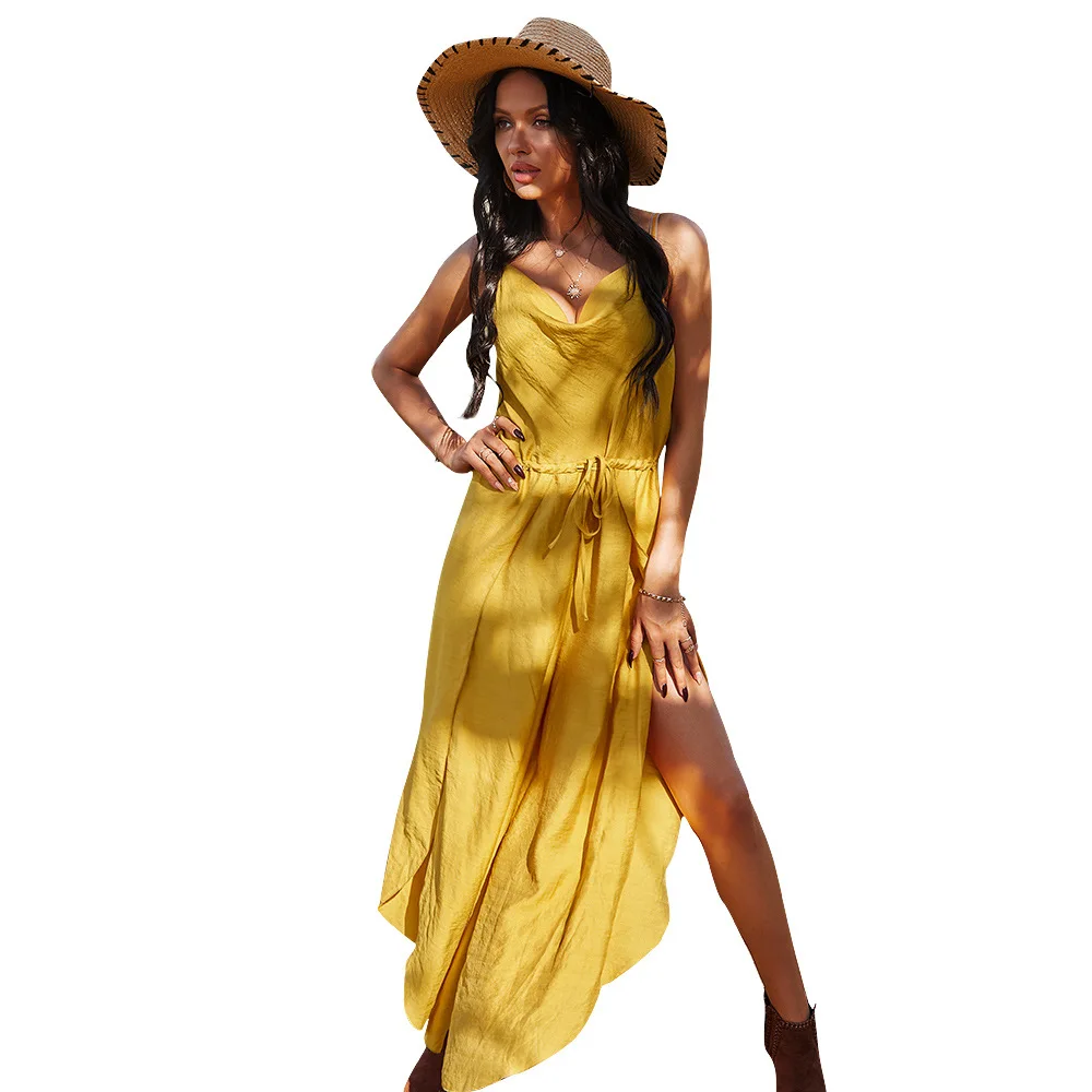 

In Stock 2021 Summer Women Sexy Slip Slit Side Jumpsuit Design Maxi Dress