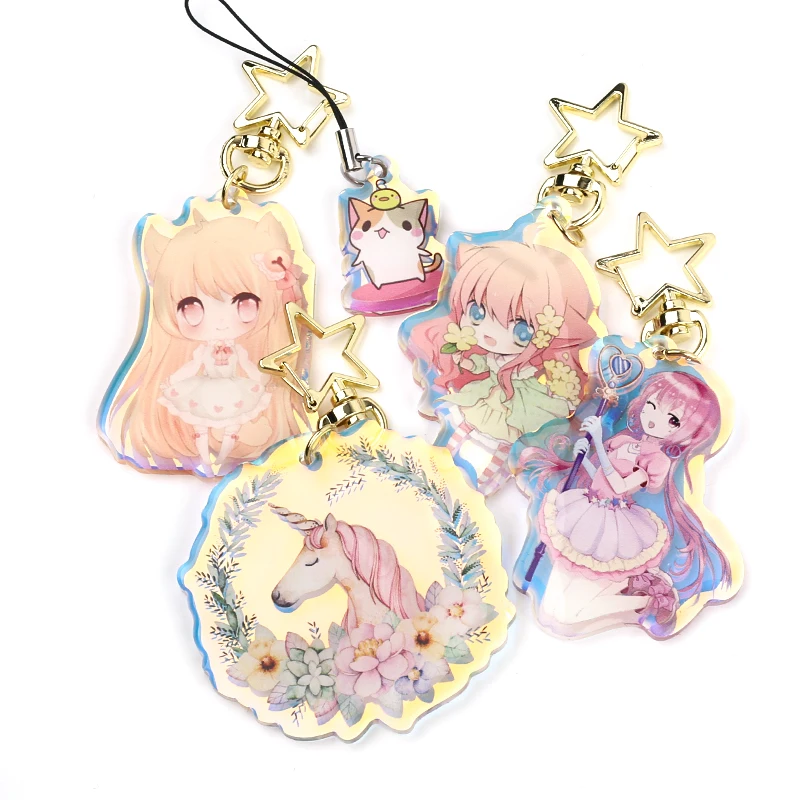 

Vograce Custom Print Colorful Rainbow Hologram Anime Acrylic Keychains Charms