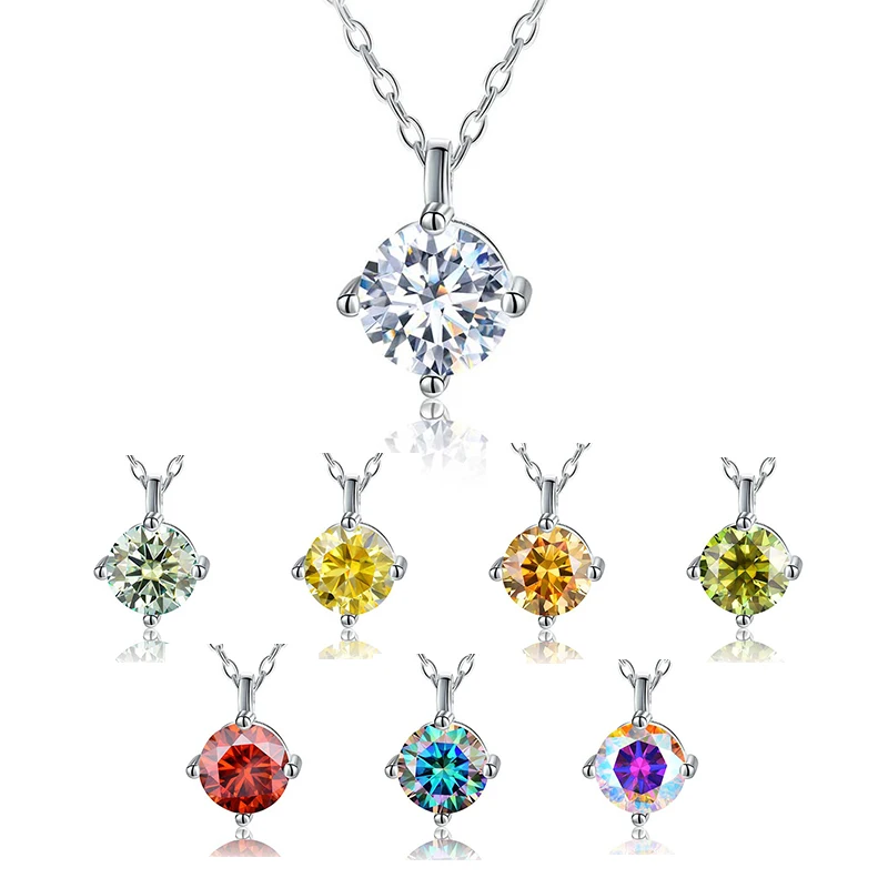 

Diamond Moissanite Single VVS 3 Carats Colorful Round Shape Necklace with Certificate White Gold Plated For Women Jewelry