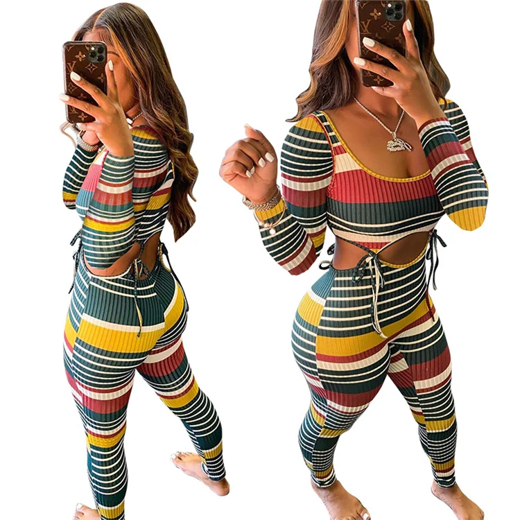 Fashion 2 PCS Outfits Tracksuit Rib Colorful Striped Cutout  Long Sleeve Fall Women Clothing Two Piece Set