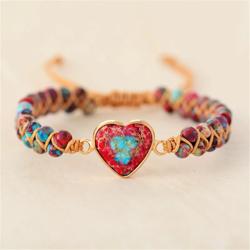 

WIIPU Natural Stone Heart Charm Bracelets String Braided Macrame Bracelets Jaspers Friendship Wrap Bracelet Femme Women Jewelry