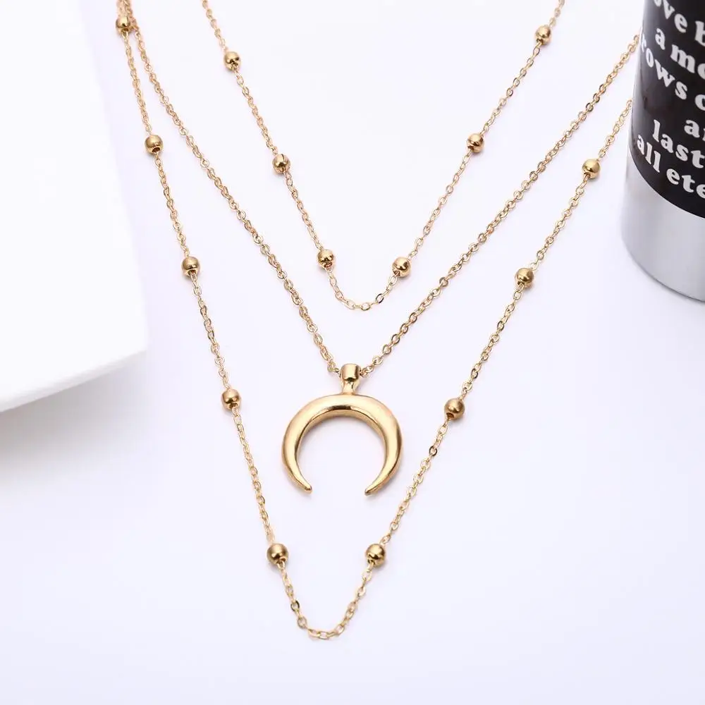 

Ruigang Sterling Plated Three Layers Chain Large Silver Tone Moon Pendant Multilayer Necklace for Girls, Gold,silver