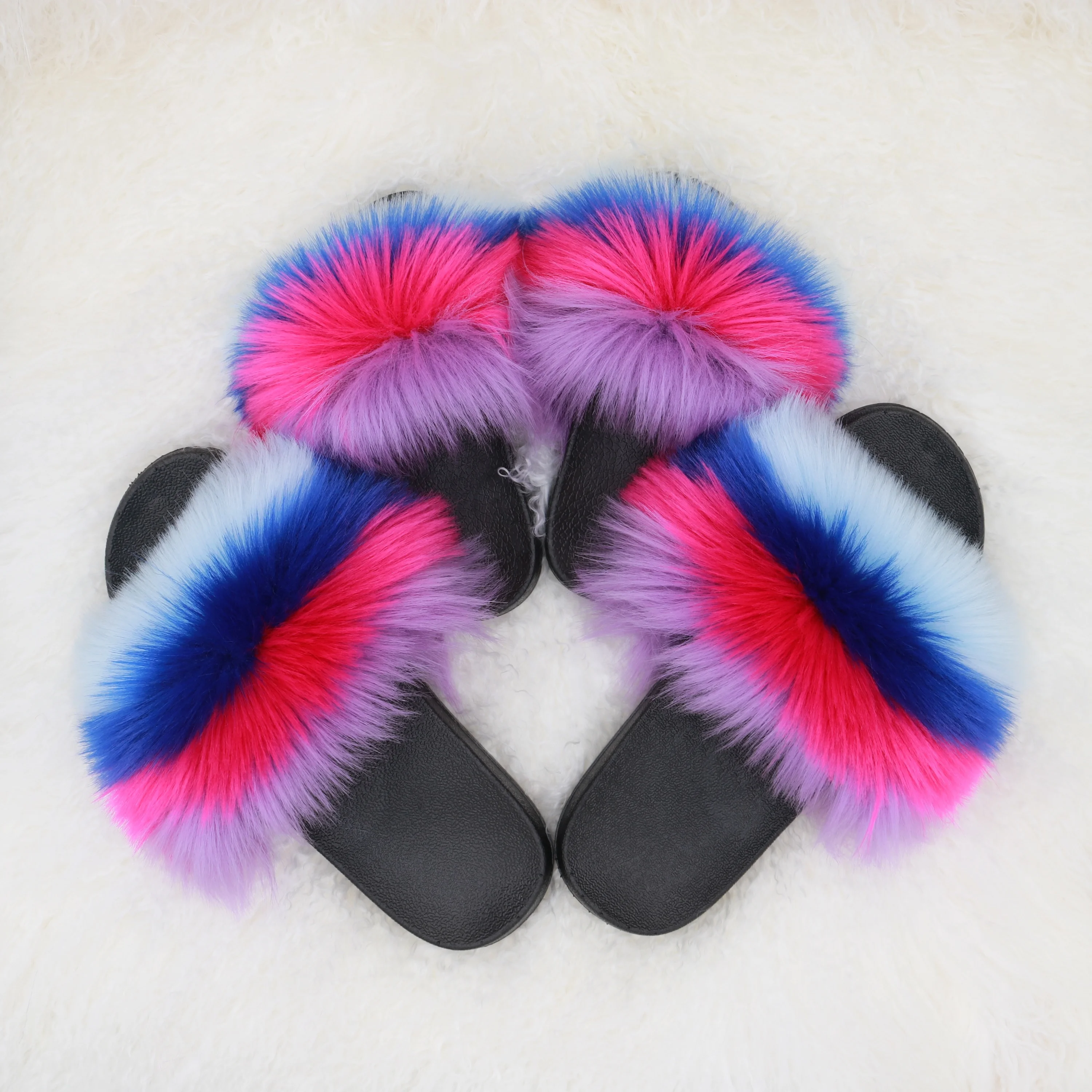 

rainbow colorful plush faux fur slippers mommy and me slides, 20 colors
