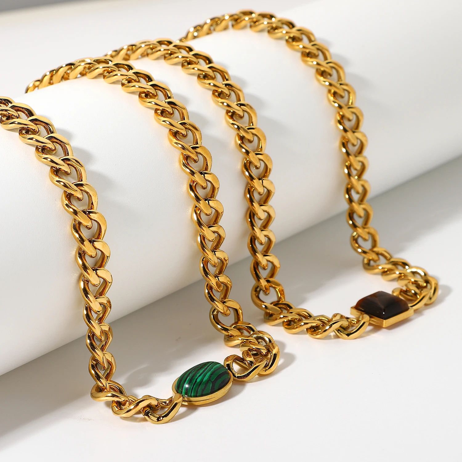 

Hip Pop 9mm Thick Cuban Chain Necklace Natural Square Tiger Eye Oval Malachite Chunky 18K Gold Stainless Steel Necklace Jewelry