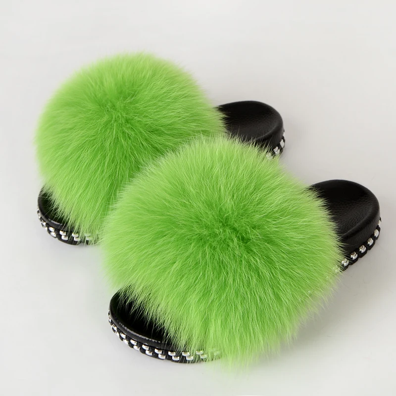 

New Fashion Jtfur high quality summer real Fox Fur Slippers, Multicolor