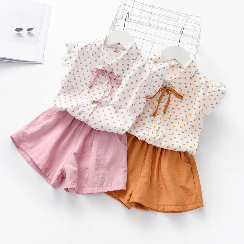 

hot summer children's Suit baby girl fashion round neck point Lapel Top + shorts girls 2 piece outfits set