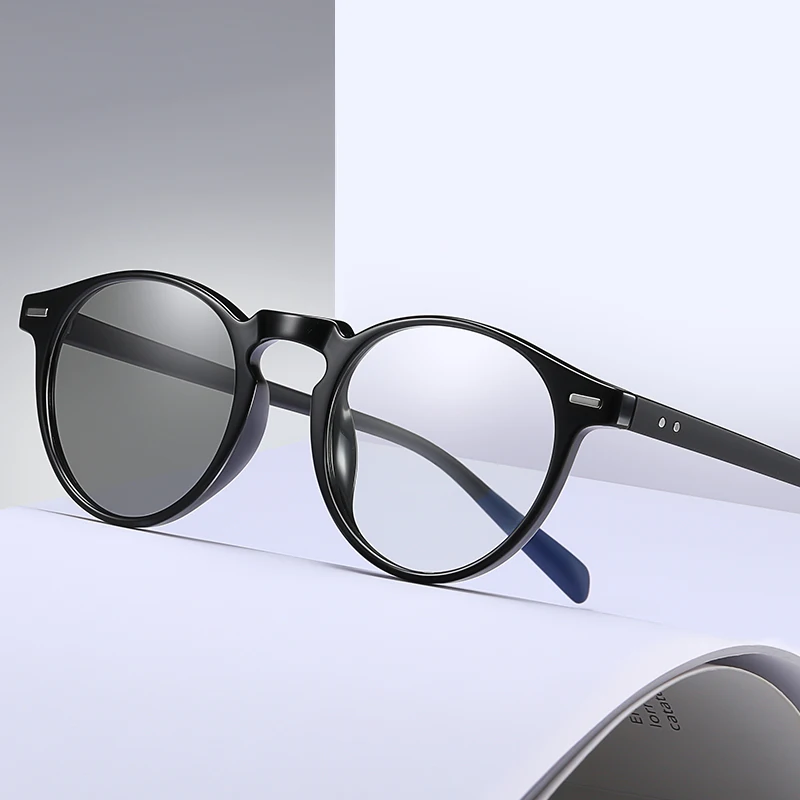 

2021 New TR round blue light photochromic glasses women acetate blue light blocking glasses for men