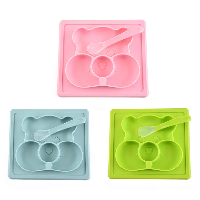 

suction baby silicone plate feeding placemat non-slip toddlers food feeding baby plates with silicone spoon bear plate for child