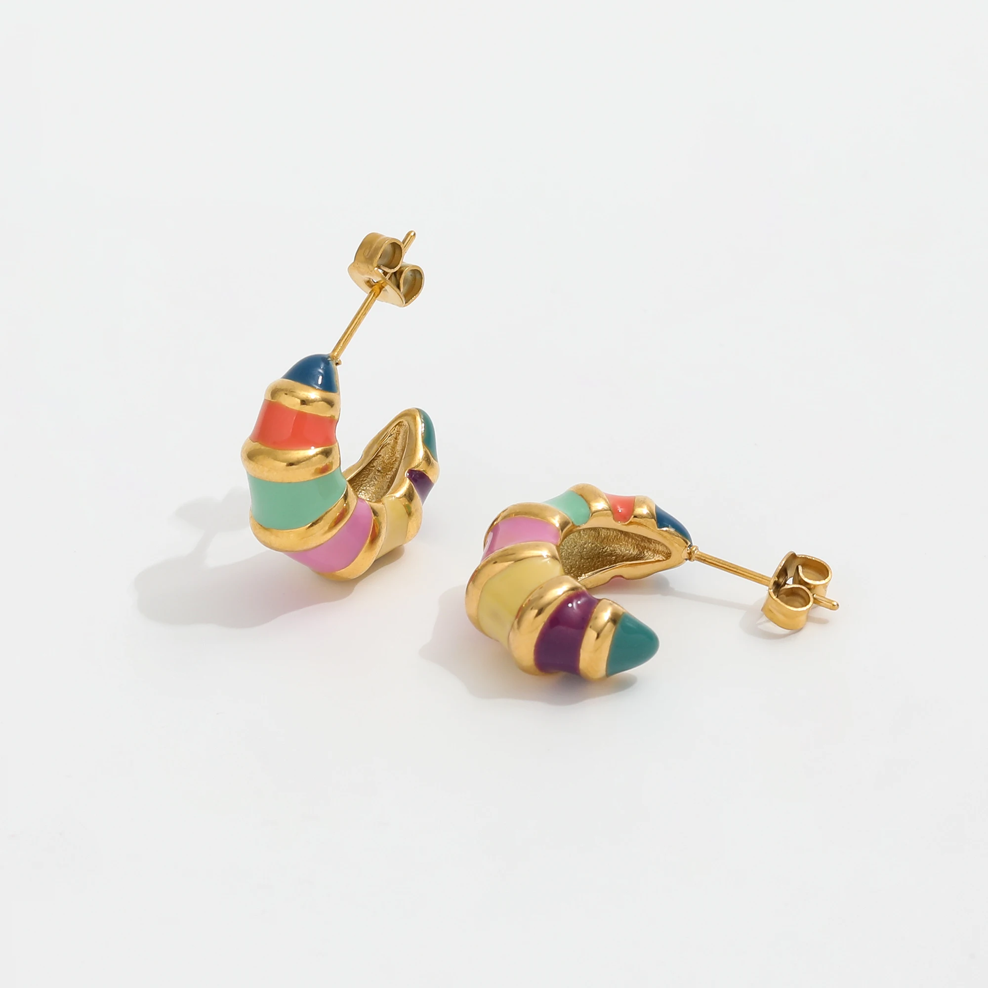 

JLE0272 18K PVD Tarnish Free New Spring & Summer Colorful Enamel Croissant Stainless Steel Hoop Earring