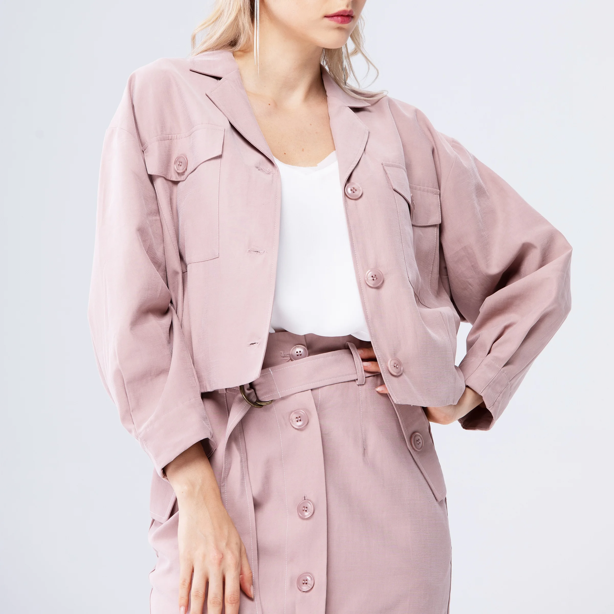 

Ladies Pink Long Sleeve Turn Down Collar Casual Mujer Jacket Blazer Suit Set Fall Jacket 2021 Woman