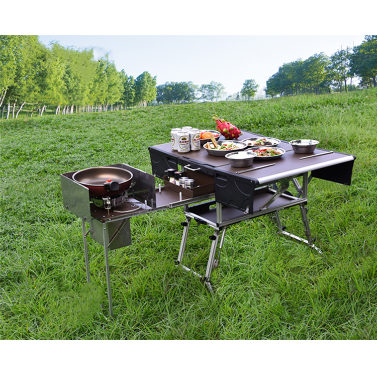 
5 8 Person Outdoor Camping Kitchen Stand Foldable Picnic Table Folding Mesa De Camping Table With Cup Holder And Cookware Set 