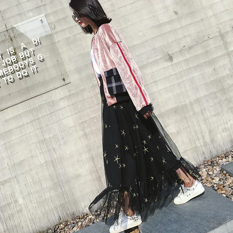 

S0013A star embroidered pleated  size A-line thin puffy plus size dress skirts