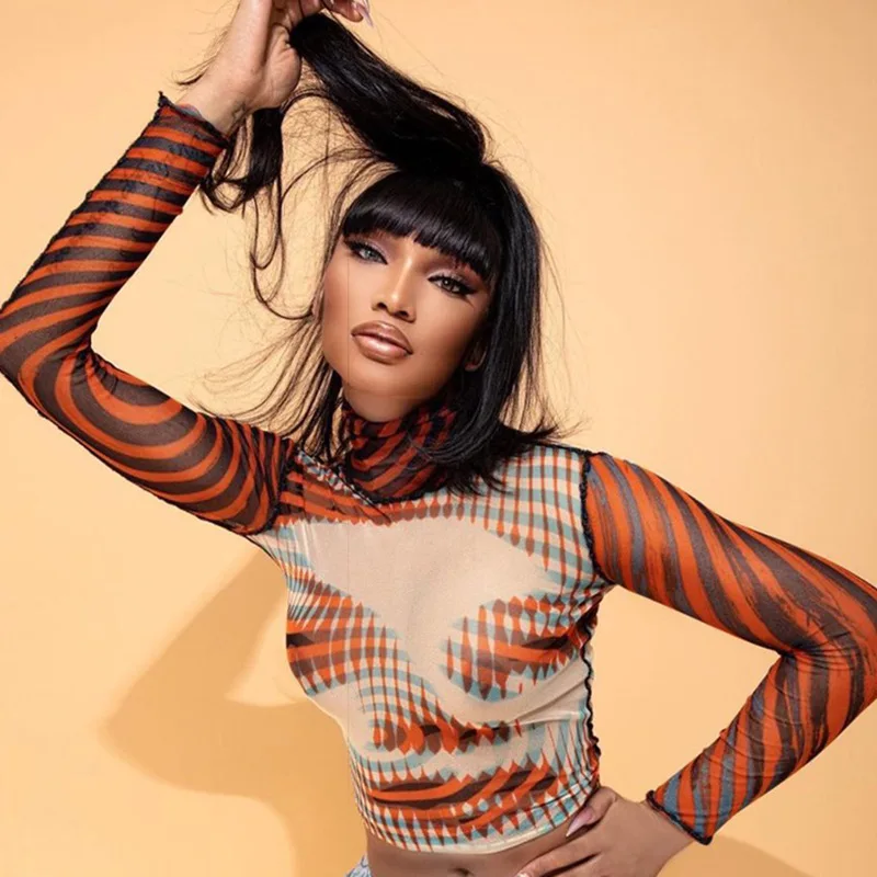 

2021 Spring Amazon Hot Sale New Mesh High Neck Camouflage Print Long Sleeve Tee Shirts Women See Through Sexy Crop Top T-shirt, Brown