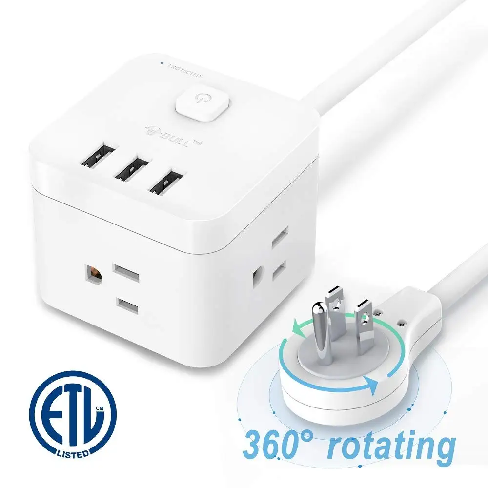 Multi Outlets Power Strip with 3 USB Ports 5ft Extension Cord Switch /& Flat Plug