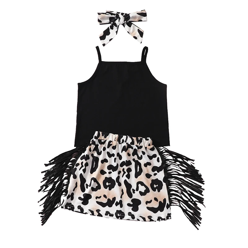

Newly summer kids clothes black sleeveless top tassel leopard skirt baby girls outfit sets, As picture show
